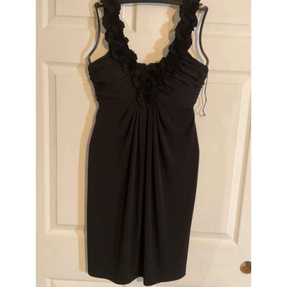 Dressbarn Womens Black Ruffle V-Neck Empire Waist Cocktail Dress Size 6 LBD‎